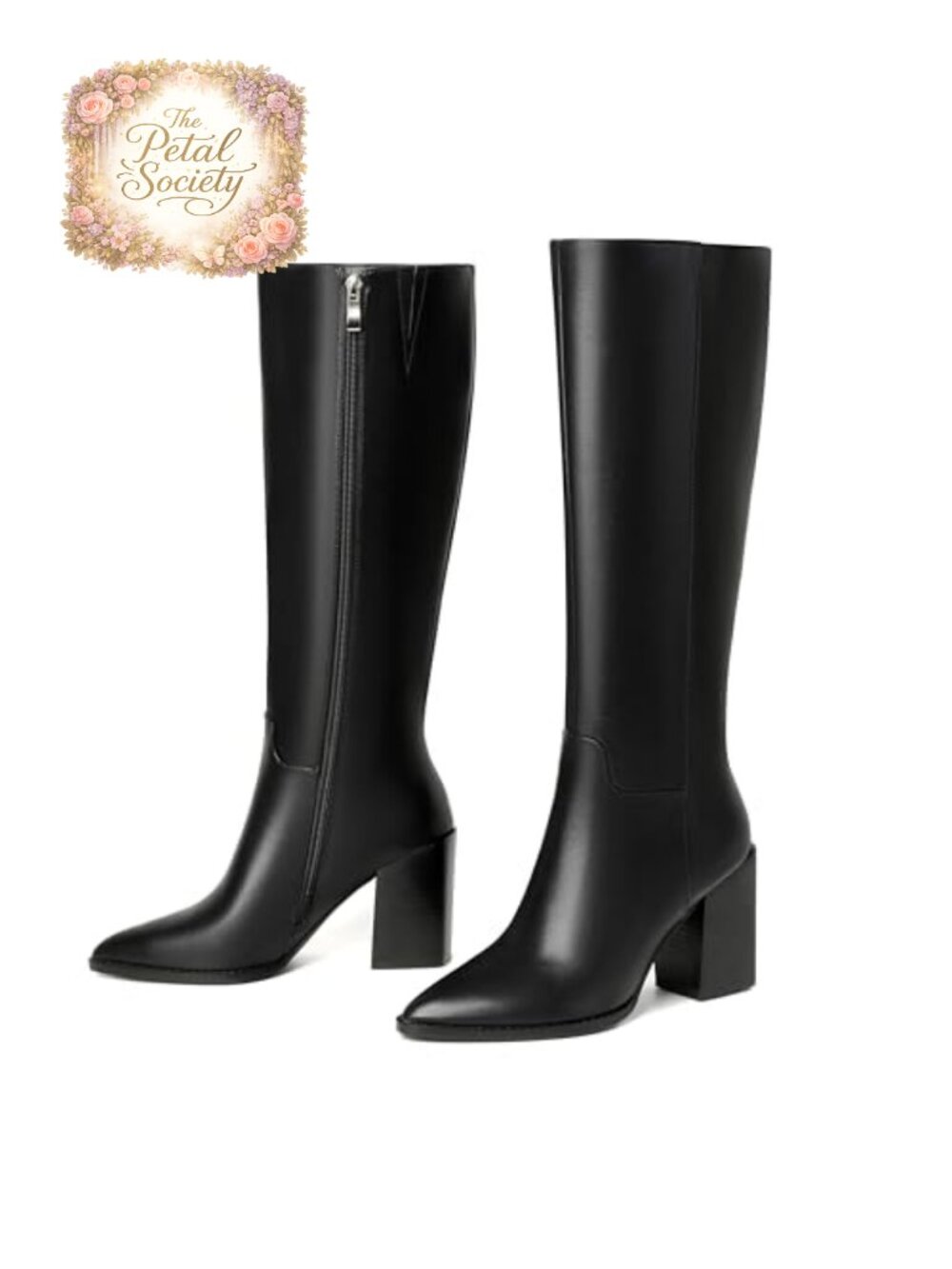Women's Knee-High Boots Pointed Toe Block Heel Side Zip Faux Leather